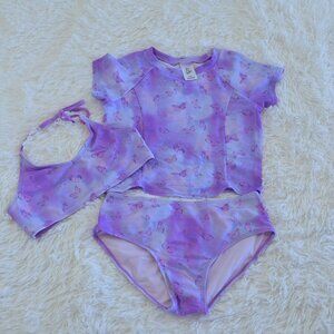 Art Class Girls Three Piece Bathing Suit Purple W/ Flower Size XL 14